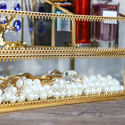 Golden Glass Box Vanity Tray Glass Case Makeup Display Organizer on Dresser, Multifunctional Cosmetic Storage for Palette Lipstick Makeup Brushes Skincare Perfumes Bathroom Accessories