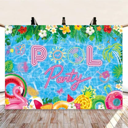 Pool Party Backdrop Summer Beach Ball Decorations Banner Tropical Palm Tree Flower Photography Background Birthday Swimming Party Decor Photo Booth Props (7x5FT（210x150cm）) - size: 7x5FT（210x150cm）