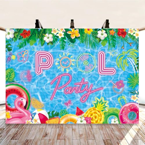 Pool Party Backdrop Summer Beach Ball Decorations Banner Tropical Palm Tree Flower Photography Background Birthday Swimming Party Decor Photo Booth Props (8x6FT（240x180cm）) - size: 8x6FT（240x180cm）