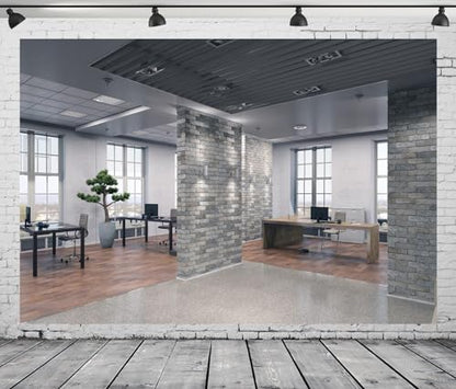 BELECO 7x5ft Fabric Modern Office Backdrop for Video Conference - Elegant Business Interior Brick Wall Windows Virtual Home Photography Background for Live Video Zoom Calls Photoshoot Props - size: 7x5FT
