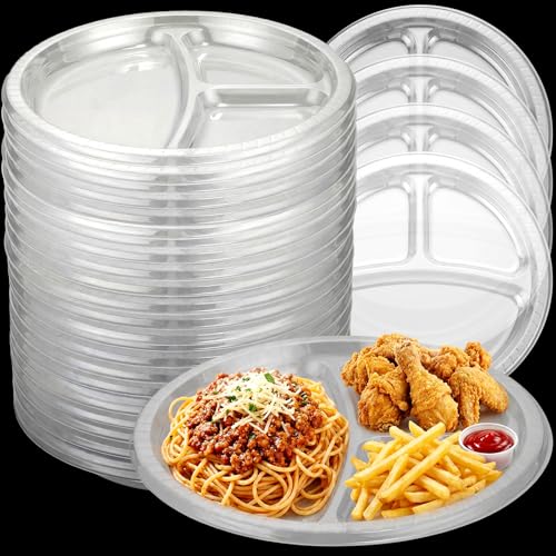 Umigy 100 Pcs 10 Inch 3 Compartments Divided Plastic Plates Bulk Colorful Disposable Heavy Duty Round Dinnerware for Party Valentine Wedding Birthday(Transparent) - color: Transparent