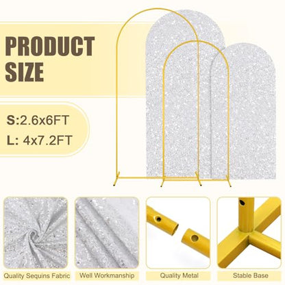 MODFUNS Metal Arch Backdrop Stand and Cover Set 6&7.2ft Silver Sequins Arch Cover Set of 2 Metal Arch Frame with Covers Balloon Arch Stands for Wedding Ceremony Banqet Party Reception - color: Silver, size: 6&7.2FT-Set