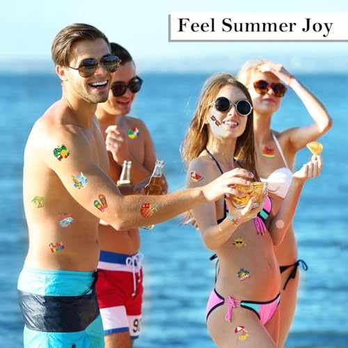 ADXCO 144 Pieces Summer Pool Party Tattoos Hawaiian Luau Themed Tattoos Waterproof Beach Temporary Tattoos Stickers for Adults, Tropical Party Decorations Supplies Favors