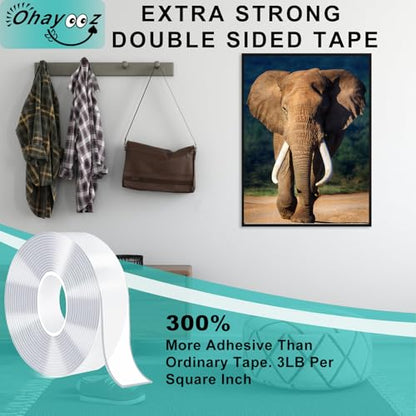 Ohayooz® Extra Strong Double Sided Tape Heavy Duty Removable 50FT, Clear Sticky Adhesive Nano Tape Tough Washable Waterproof Mounting Tape for Hanging Picture, Poster, Carpet, Photo Deco, Pack of 5 - size: 10 Feet Set of 5