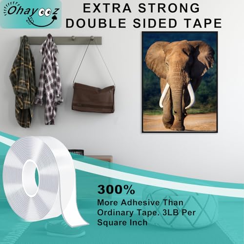 Ohayooz® Extra Strong Double Sided Tape Heavy Duty Removable 30FT, Clear Sticky Adhesive Nano Tape Tough Washable Waterproof Mounting Tape for Hanging Picture, Poster, Carpet, Photo Deco, Pack of 3 - size: 10 Feet Set of 3