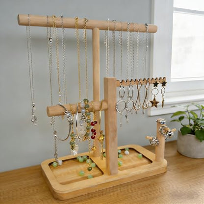 Solid Wood Jewelry Tower Organizer - 3-Tier Tree Holder Stand with 11 Earring Holes, 2 T-bar for bracelets Necklace or watches, Ring Tree & Display Tray (natural wood) - color: natural wood