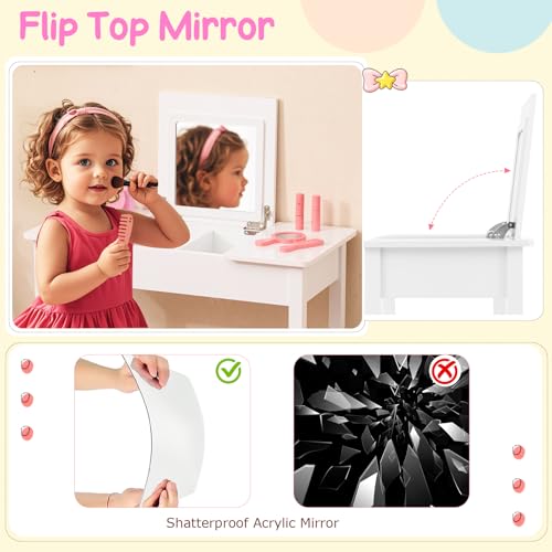 Costzon Kids Vanity, 2 in 1 Girls Vanity Set with Flip Top Mirror, Hidden Storage Space, Wooden Toddler Makeup Vanity Desk Dressing Table, Kids Vanity Table and Chair Set (White) - style: White with Flip Top Mirror