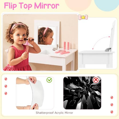Costzon Kids Vanity, 2 in 1 Girls Vanity Set with Flip Top Mirror, Hidden Storage Space, Wooden Toddler Makeup Vanity Desk Dressing Table, Kids Vanity Table and Chair Set (White) - style: White with Flip Top Mirror