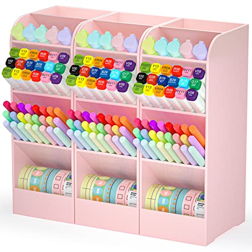 Asten Pen Holder, Pencil Holder for Desk, Pen Organizer for Office, School, Desktop, Large Capacity Pen Storage Organizer with 5 Compartment for Pens, Markers, Makeup Brush, Cosmetics (Pink, 3 Pack) - color: Pink-3 Pack