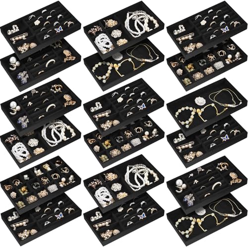 Junkin 18 Pcs Velvet Jewelry Tray, Stackable Jewelry Organizer Trays for Drawer, Jewellery Box Divided Display Tray, Jewelry Inserts for Drawer for Rings Earring Bangle Necklaces(Black) - color: Black