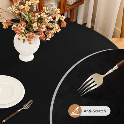 Seenus Textured 60 Inch Black Fabric Table Cloth Fits 30'' to 48'' Round Table, Faux Linen Water Resistant & Wipeable Circle Tablecloth, Washable for Dinning Kitchen Patio - color: Black, size: 60" (Round)