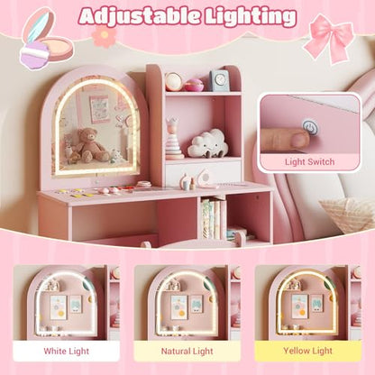 Costzon Kids Vanity with Lights, Girls Vanity Set with Mirror, Storage Drawer, Hooks & Shelves, Toddler Makeup Vanity Desk Dressing Table, Wooden Kids Vanity Table and Chair Set (Pink) - style: Pink with Open Shelves