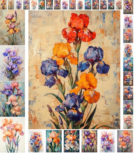 Decoupage Paper Pack (35 Sheets 6"x8") Iris Garden: Colorful Iris Blooms in Rich Blues, Purples and Oranges with Artistic Mosaic and Vintage Botanical Arrangements FLONZ Vintage - color: Eighteen