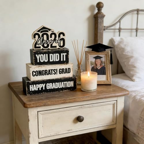 4 Pcs Class of 2026 Graduation Wooden Table Sign Tiered Tray Decor Wood Congrats Grad Table Centerpiece Block Signs You Did It Rustic Photo Props for Home Kitchen Shelf Display Farmhouse Congratulate