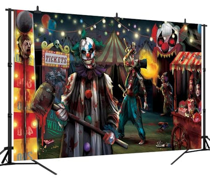 8x6 FT Halloween Evil Circus Clown Theme Backdrop Haunted House Horror Scary Evil Circus Clown Creepy Carnival Birthday Party Decorations Photography Background Banner Studio Props, Clear - size: 8x6 FT
