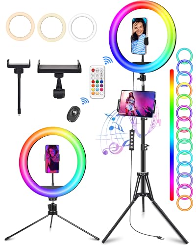 STALLY 13.3" Ring Light with Stand, Music Mode, 75" Tall with 3 Phone Holder, 3 CCT Modes & 48 RGB Color Modes, Ring Light Tripod for iPhone with Wireless Remote, Great for Photograph/Makeup/TikTok - size: 13.3in