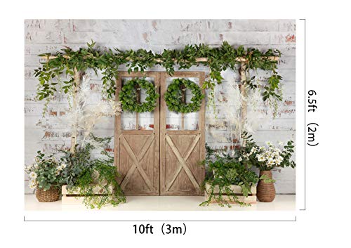 Kate Rustic White Painted Brick Wall Wood Door Photography Backdrops 10x6.5ft Spring Green Grass and Flowers Photo Backgrounds Baby Shower Backdrop Photoshoot Props - size: 10x6.5ft