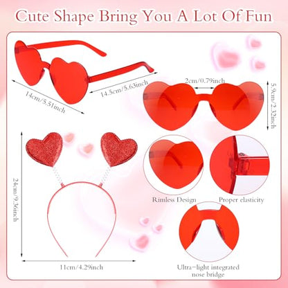 Qianyu Valentine's Day Heart Head Bopper, Headband and Heart-Shaped Sunglasses Romantic Head Bopper Dress-Up Hair Accessories and Glasses for Party Prop Wedding Halloween Women(Red)