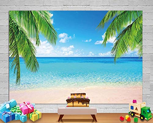 Summer Tropical Beach Photography Backdrops Seaside Island Palm Trees Photo Blue Sky White Clouds Background for Hawaii Pool Party Luau Theme Party Decoration Studio Props Banner 5x3ft - size: 5x3 Ft