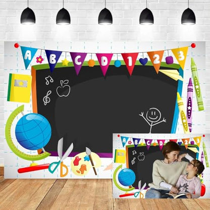 Leyiyi 9x6ft Vinyl Photography Background Welcome to Kindergarten Backdrop Cartoon ABC Letters Black Blackboard Watercolor Pen Paper Airplane Globe Back to School Themed Party Backdrops Banner - color: Black, size: 9x6ft-Vinyl