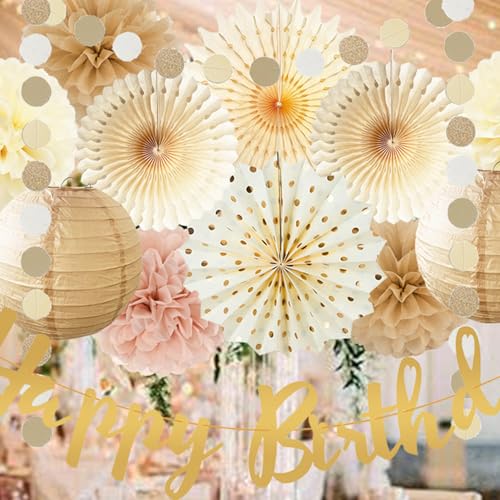 Champagne Gold Beige Birthday Decorations for Women Girls, Dusty Pink Party Decorations Cream Tissue Pom Poms Fans, Paper Lanterns, Anniversary Baby Shower Fall Boho Birthday Party Decoration