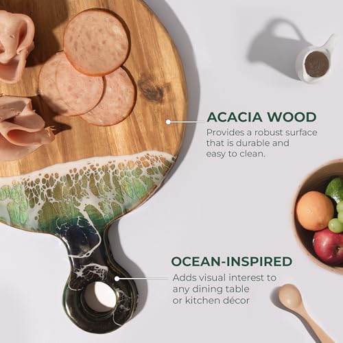 Acacia Wood Serving Board with Ocean Resin Art, 14.6" x 10.2" Charcuterie Cheese Tray for Display & Prep, Cutting Board on Back, Includes Stand & Loofah, Christmas Housewarming Gift (Round) - color: Round Cutting Board, size: 14.6" x 10.2" x 0.7"