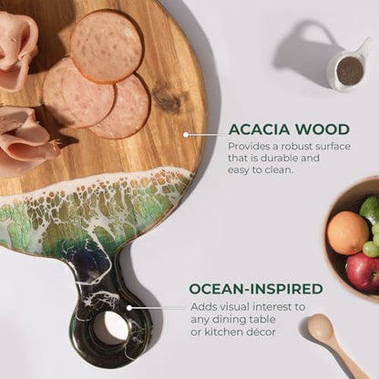 Acacia Wood Serving Board with Ocean Resin Art, 14.6" x 10.2" Charcuterie Cheese Tray for Display & Prep, Cutting Board on Back, Includes Stand & Loofah, Christmas Housewarming Gift (Round) - color: Round Cutting Board, size: 14.6" x 10.2" x 0.7"