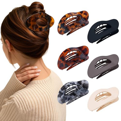 AWAYTR Flat Hair Clips For Women 4.33" Lay Flat Claw Clip for Hair 6Pcs Round Large Hair Claw Clips (Leopard Series + Brown Series) - color: Leopard Series + Brown Series