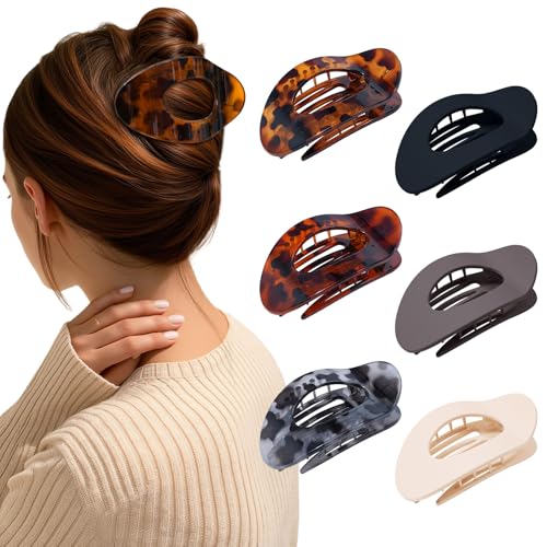 AWAYTR Flat Hair Clips For Women 4.33" Lay Flat Claw Clip for Hair 6Pcs Round Large Hair Claw Clips (Leopard Series + Brown Series) - color: Leopard Series + Brown Series