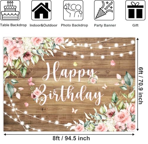 Sensfun Rustic Wood Floral Birthday Backdrop Banner Pink Flower Wooden Happy Bday Photography Background Butterfly Women Girls Birthday Party Decorations Supplies Photo Studio Props 8x6ft - size: 8x6Ft