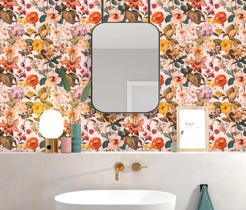 Jeweluck Floral Peel and Stick Wallpaper Vintage Floral Contact Paper Peel and Stick 16.9”x196.8” Poppy Flower Wallpaper Boho Leaf Wall Paper Removable Self Adhesive Decorative for Cabinets Vinyl - color: B Floral, size: 16.9inch×196.8inch