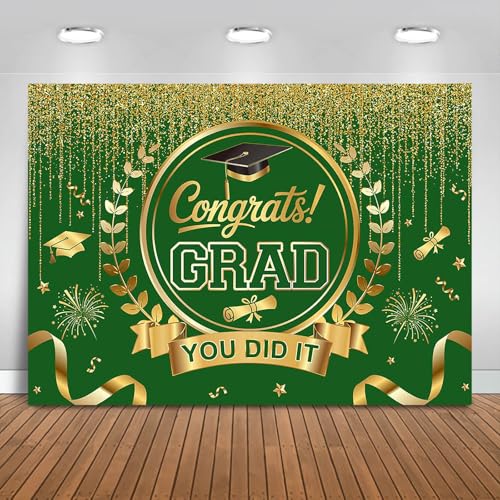 Graduation Backdrop Congrats Grad You Did It Party Decorations Background Congratulations Graduate Class of 2026 Banner Photo Booth Props (Green and Gold, 7x5ft) - color: Green and Gold