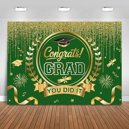 Graduation Backdrop Congrats Grad You Did It Party Decorations Background Congratulations Graduate Class of 2026 Banner Photo Booth Props (Green and Gold, 7x5ft) - color: Green and Gold