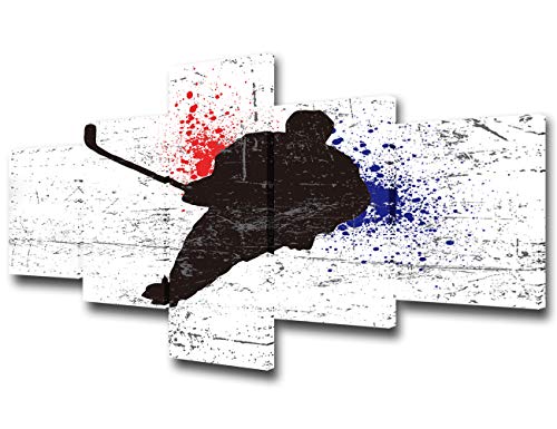 Sports Canvas Wall art Black and White Hockey Poster HD Prints Red Blue Ink Jet Painting Abstract Artwork Picture for Modern House Decoration Wooden Framed Stretched Ready to Hang 5 Piece(50''Wx24''H) - color: Artwork-31, size: 50''W x 24''H