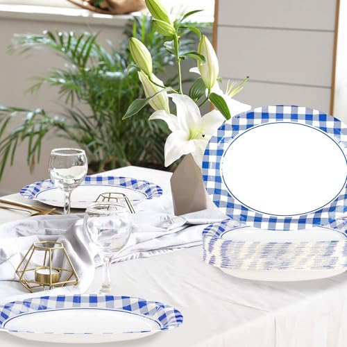 50Pcs Blue and White Gingham Oval Paper Plates 10" x 12" Large Blue Gingham Checkered Plaid Plates Disposable Heavy Duty Oktoberfest Plate for Oktoberfest Holiday Picnic BBQ Birthday Party Decorations - style: Blue Gingham Oval Plates
