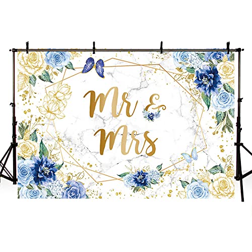AIBIIN 7x5ft Mr and Mrs Floral Marble Backdrop for Bridal Shower Blue Flowers Butterfly Photography Background Gold Geometric Couple Wedding Party Decorations Bride to Be Engagement Banner Props