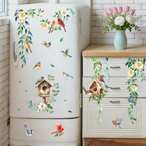 Mfault Spring Summer Birds Floral Vine Window Clings, Cardinal Bluebird Birdhouse Hummingbird Rose Flower Stickers Decals Decorations, Farmhouse Botanical Leaves Home Living Room Kitchen Decor