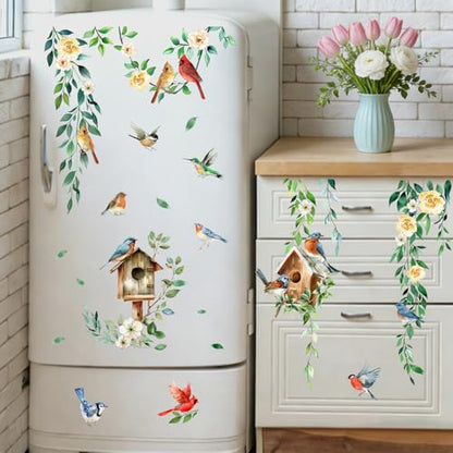 Mfault Spring Summer Birds Floral Vine Window Clings, Cardinal Bluebird Birdhouse Hummingbird Rose Flower Stickers Decals Decorations, Farmhouse Botanical Leaves Home Living Room Kitchen Decor