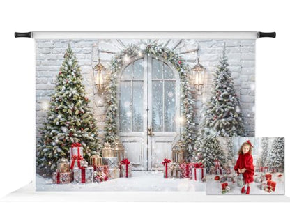 Kate Christmas Snow Tree Backdrop for Photography Winter Door Brick Wall Background for Pictures Photo Studio Props (7x5ft)