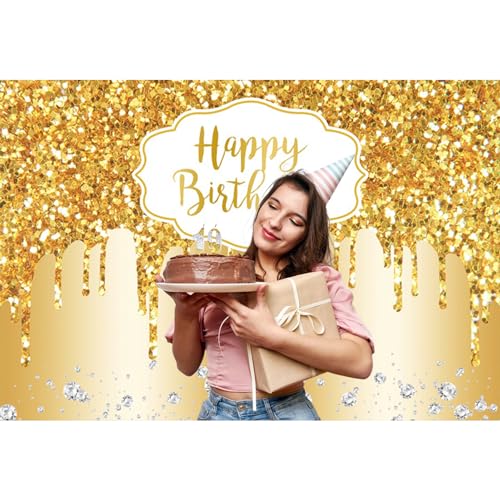 12x8ft Gold Happy Birthday Backdrop Modern Luxury Glitter Diamond Photography Background for Women Girls Sweet Princess Birthday Party Bridal Shower Decor Banner Supplies Photo Booth Props