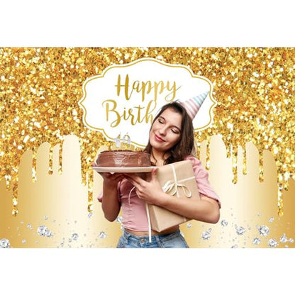 12x8ft Gold Happy Birthday Backdrop Modern Luxury Glitter Diamond Photography Background for Women Girls Sweet Princess Birthday Party Bridal Shower Decor Banner Supplies Photo Booth Props