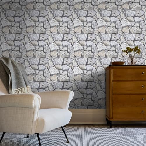 COMSTICKC 3D Faux Stone Wall Panel Peel and Stick Wall Covering, 10 Pcs of 12"X12", Not Real Stone,Ultra-Light Thin PVC Rock Adhesive Fake Stone Backsplash Interior Decor - color: Gray Stone - 1