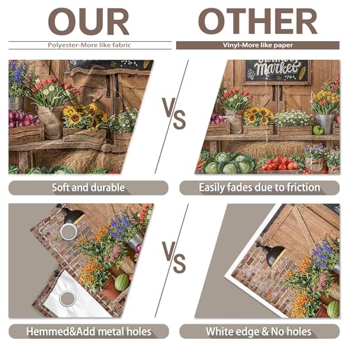 7x5ft Fabric Farmers Market Backdrop Fresh Vegetables Flowers Wooden Barn Spring Photography Background Baby Shower Birthday Party Decorations Photo Banner Props - size: 7'x5'
