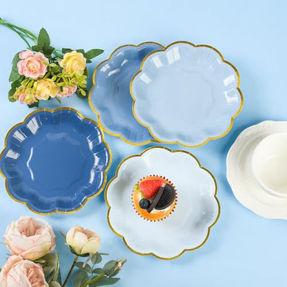 AimFun 48 Pcs Dusty Blue Party Plates Gradient Blue Dessert Paper Plates 7inch Gold Foil Scalloped Edge Disposable Cake Plates for Tea Party Birthday Bridal Baby Shower Wedding Party Supplies - color: Dusty Blue