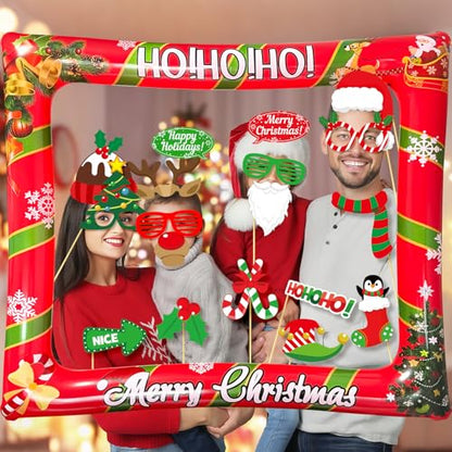 Christmas Photo Booth Props Inflatable Frame, 32Pcs Christmas Party Photo Booth Props with Inflatable Picture Frame Large for Xmas Holiday Party Selfie Supplies - color: Christmas