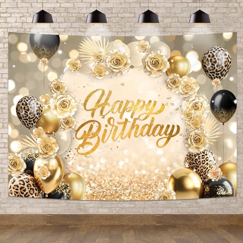 Newsely Leopard Happy Birthday Backdrop 7Wx5H Photography Gold Woman Girl Cheetah Print Golden Flower Balloons Arch Modern Background Aesthetic Luxury Party Decorations Banner Photo Props Supplies - color: C-Gold, size: 7Wx5H