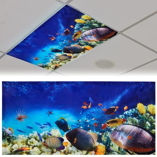 Patelai 4 x 2 Feet Fabric Fluorescent Light Cover for Ceiling Classroom Magnetic Cubicle Shade with 10 Magnets Fluorescent Light Filters for School Home Office Drop Lamp Decor(Ocean) - style: Ocean