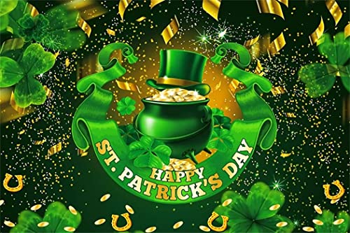 7x5ft Polyester Happy St.Patrick's Day Photography Backdrop Glitter Green Lucky Irish Shamrock Pot of Gold Ribbon Background for Newborn Kid Baby Shower Cake Smash Studio Photoshoot Props - color: Green 12872