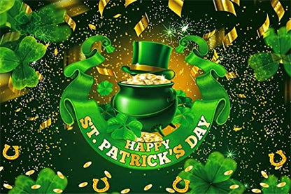 7x5ft Polyester Happy St.Patrick's Day Photography Backdrop Glitter Green Lucky Irish Shamrock Pot of Gold Ribbon Background for Newborn Kid Baby Shower Cake Smash Studio Photoshoot Props - color: Green 12872