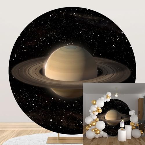 Diameter 3ft Saturn Planet Round Backdrop Cover Cosmic Galaxy Stars Circle Photography Background Outer Space Backgrounds for Kids Birthday Party Decor Baby Shower Photo Booth Props - color: Satuln, size: 3x3ft-polyester
